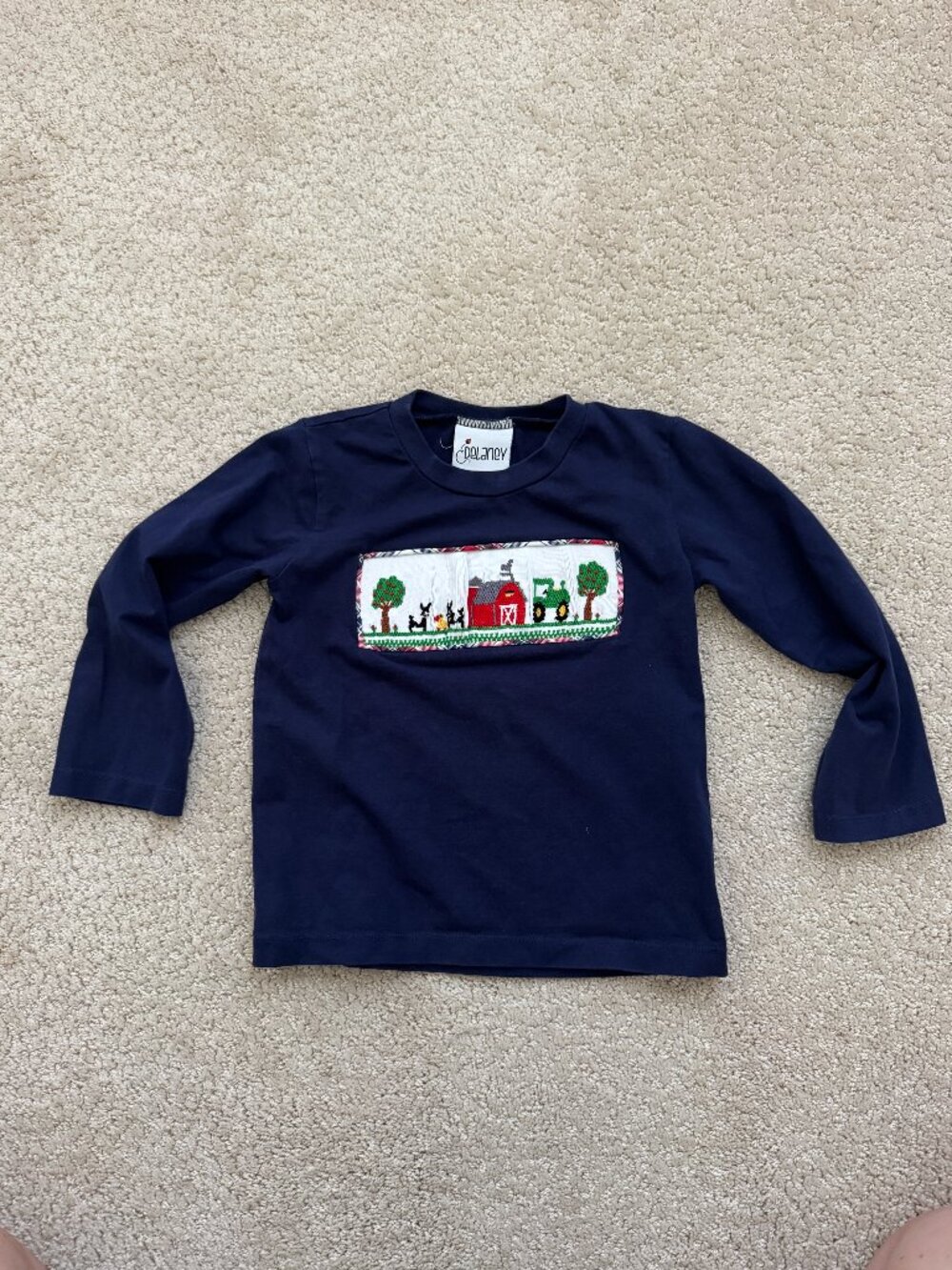 Delaney Embroidered Smocked Long Sleeve Tee 4T Navy Farm Scene Cotton. Smocking